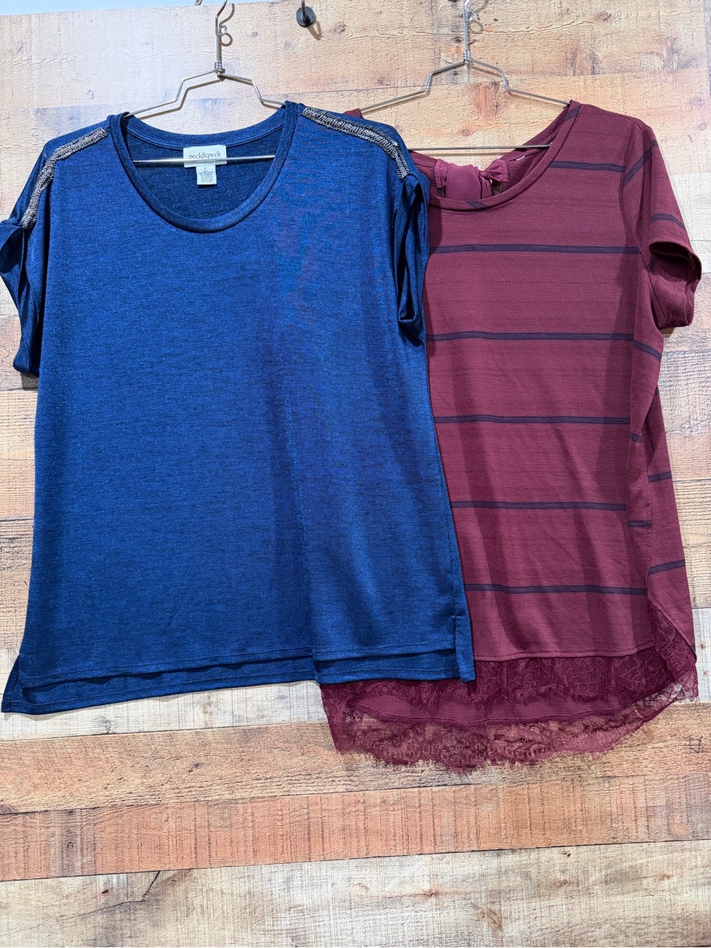Pair of Tops- Blue with Beaded Shoulder Accents & Burgundy Striped W Lace Sz XL